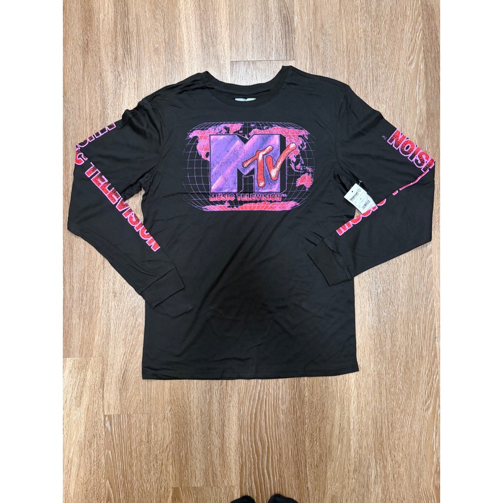 MTV Music Television Mens Medium Black Long Sleeve Graphic Tee Shirt NWT